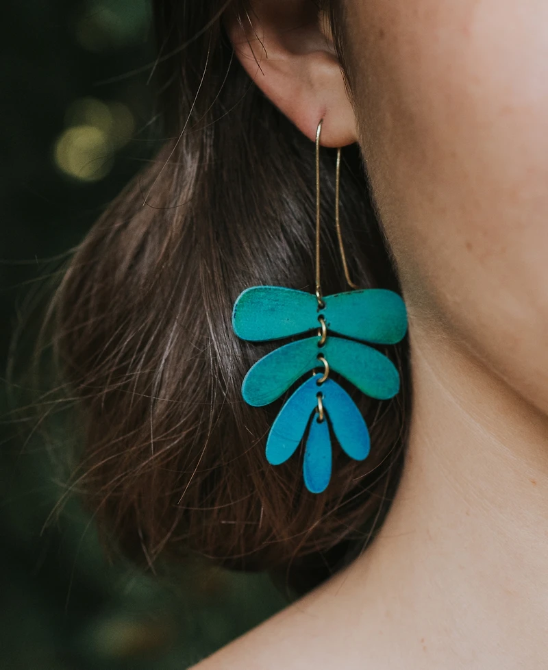 Matr Boomie Chameli Dangling Leaf Earrings - Teal Patina
