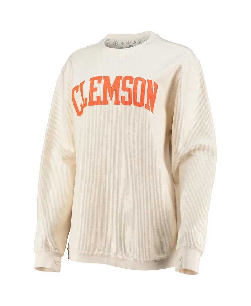 Women's Pressbox White Clemson Tigers Comfy Cord Vintage-Like Wash Basic Arch Pullover Sweatshirt