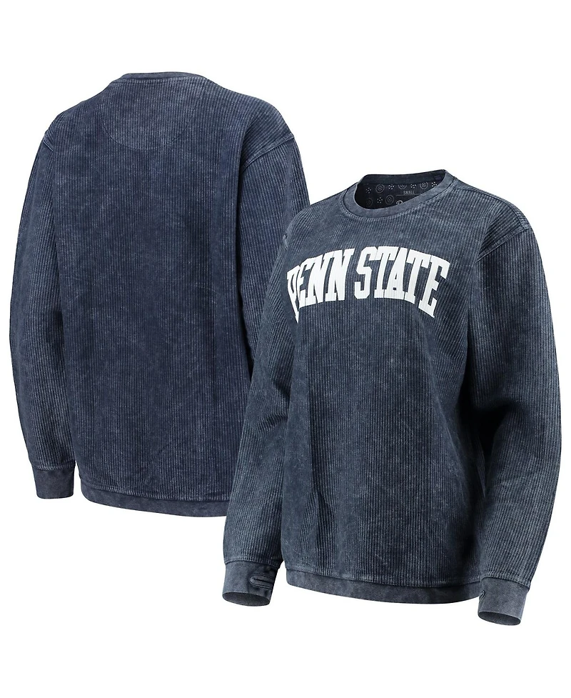 Women's Pressbox Navy Penn State Nittany Lions Comfy Cord Vintage-Like Wash Basic Arch Pullover Sweatshirt