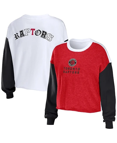 Women's Wear by Erin Andrews Heather Red Toronto Raptors Mixed Letter Cropped Pullover Sweatshirt