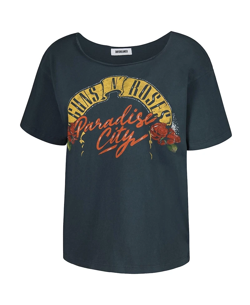 Women's Daydreamer Black Guns n Roses Off-Shoulder Graphic T-shirt