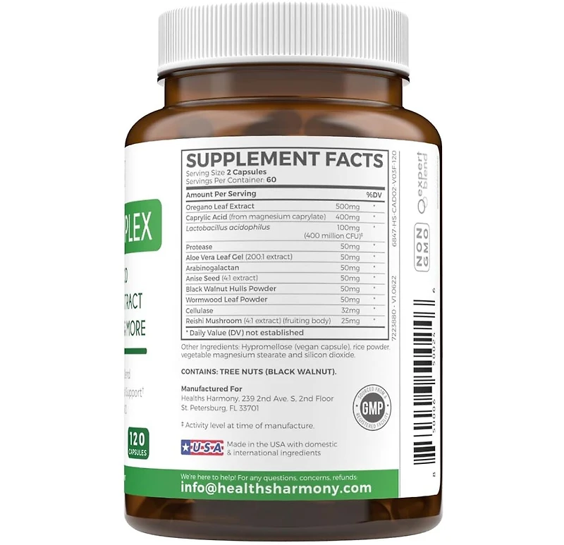 Gut Complex with Caprylic Acid, Oregano Leaf, Probiotics Capsules, Health's Harmony, 120ct