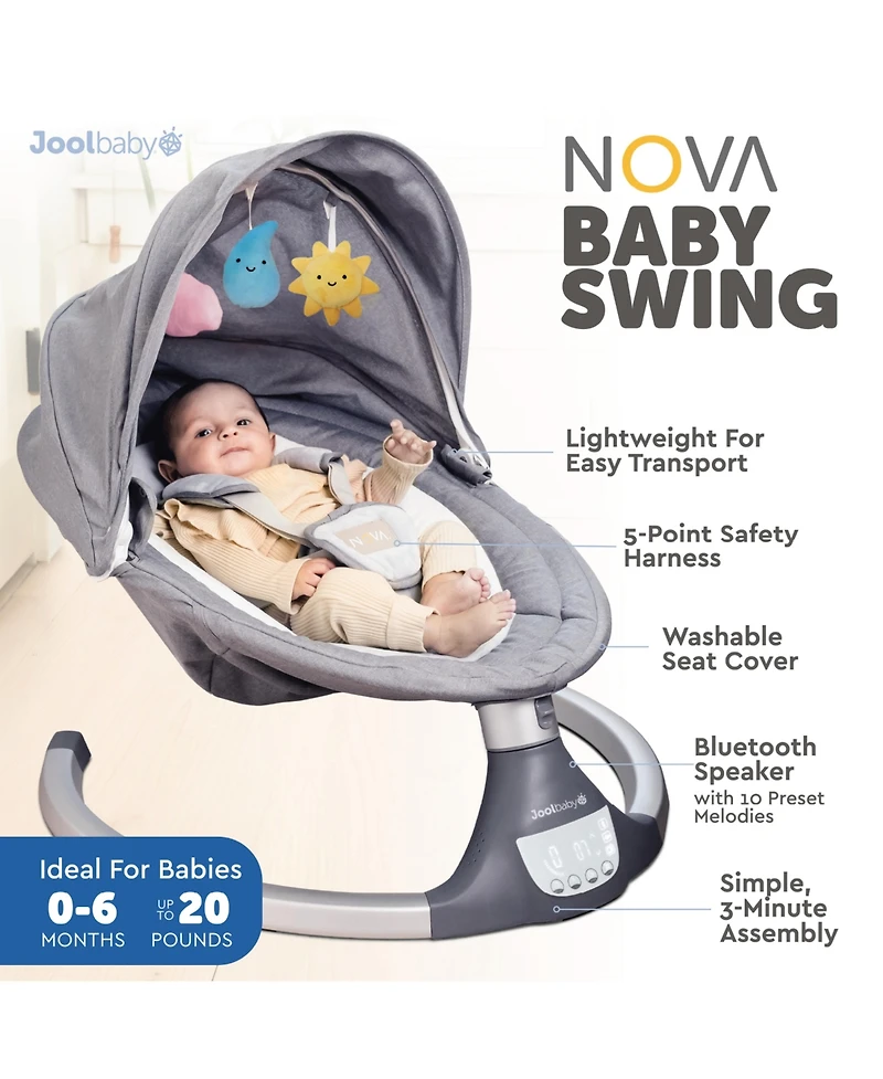 Jool Baby Nova Swing for Newborns - Electric Motorized Infant Swing, Bluetooth Music, 10 Preset Melodies, Remote (Updated Model, Gray)
