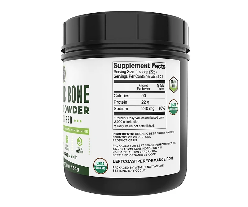 Left Coast Performance Organic Bone Broth Protein, Left Coast Performance, Unflavored, 16oz