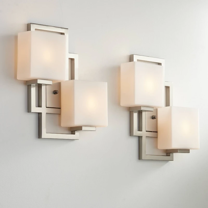 Lighting on the Square Modern Wall Light Sconces Set of 2 Brushed Nickel Hardwired 13.75" 2-Light Fixture Opal Glass for Bedroom Bathroom Vanity