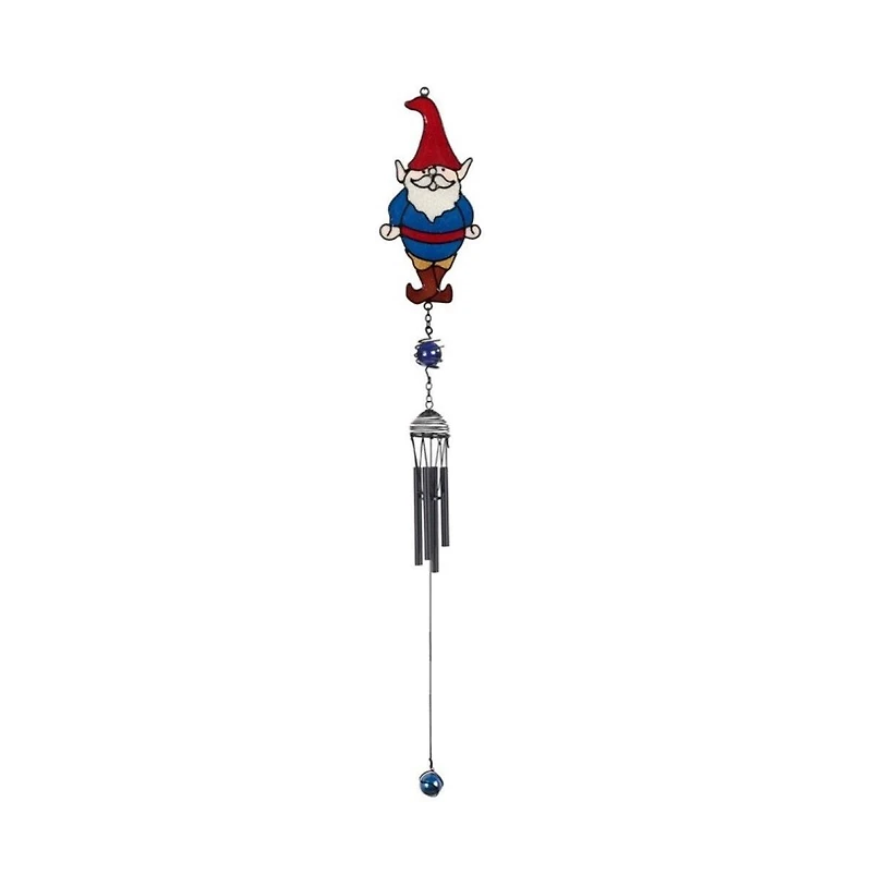 30" Long Blue Gnome with Red Hat Black Coated Gem Wind Chime