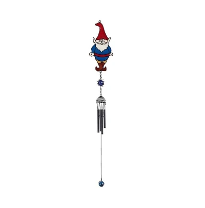 30" Long Blue Gnome with Red Hat Black Coated Gem Wind Chime