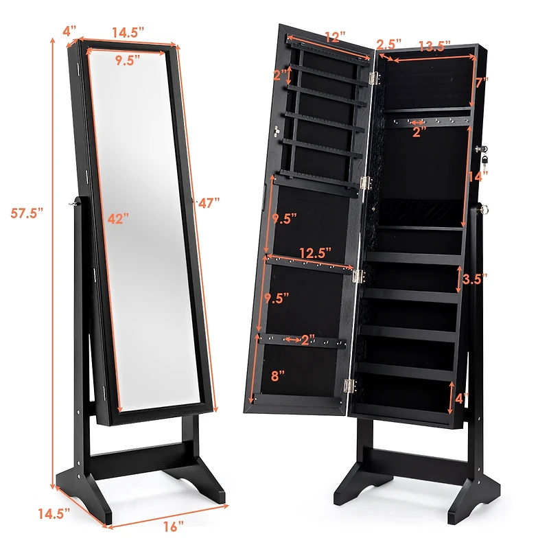 Costway Jewelry Cabinet Stand Mirror Armoire Lockable Organizer Large Storage Box