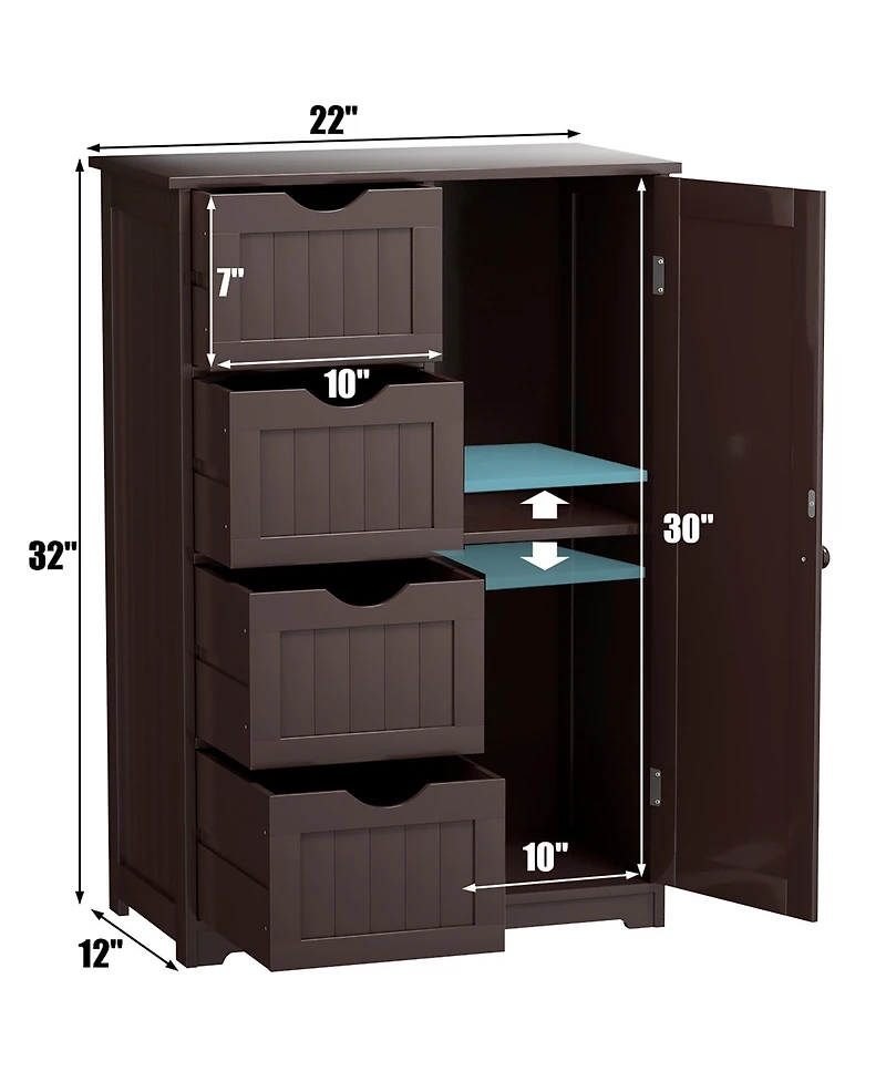 Wooden 4 Drawer Bathroom Cabinet Storage Cupboard 2 Shelves Free Standing