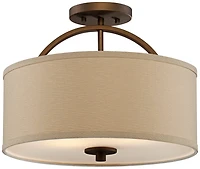 Possini Euro Design Halsted Modern Ceiling Light Semi Flush Mount Fixture 15" Wide Brushed Bronze 2-Light Oatmeal Linen Drum for Bedroom Living R