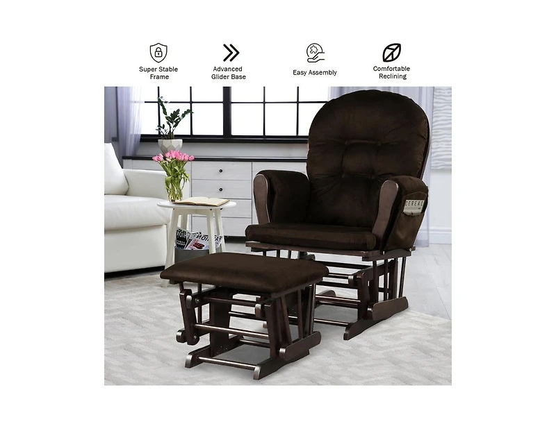 Wood Glider Chair and Ottoman Set with Padded Armrests Detachable Cushion