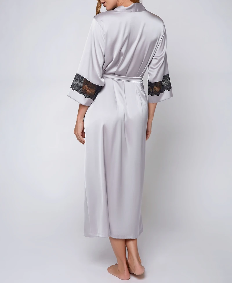 iCollection Women's Silky Stretch Satin Long Robe with Lace Trims