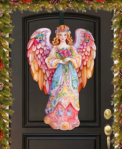 Designocracy Floral Angel Christmas Door Decor Wooden Wall Decor G. DeBrekht