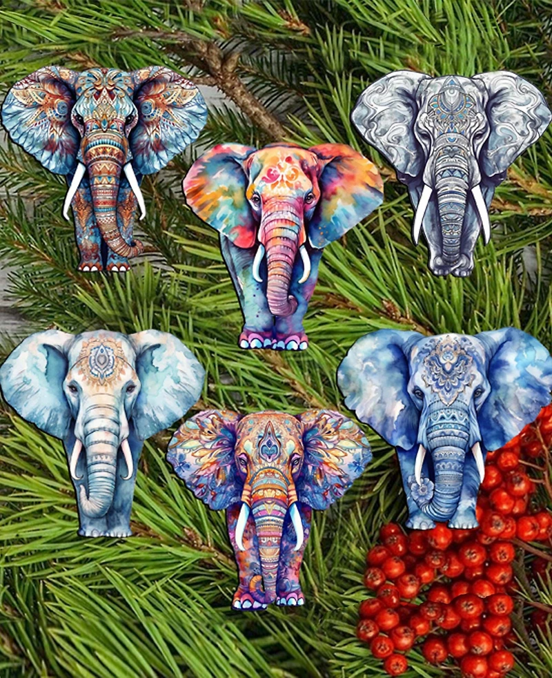 Designocracy Holiday Wooden Clip-On Ornaments Elephants Set of 6 G. DeBrekht