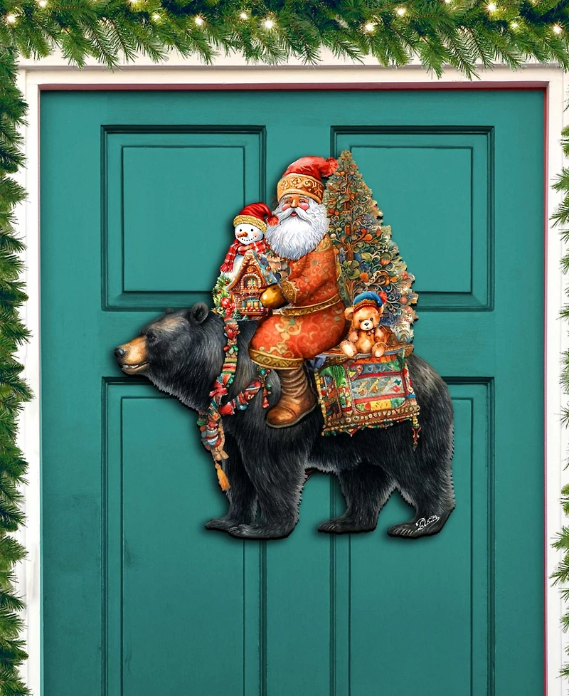 Designocracy Santa Claus and Black Bear Christmas Door Decor Wooden Wall Decor G. DeBrekht