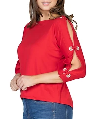 24seven Comfort Apparel Women's Three Quarter Cold Shoulder Grommet Top
