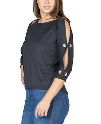 24seven Comfort Apparel Women's Three Quarter Cold Shoulder Grommet Top