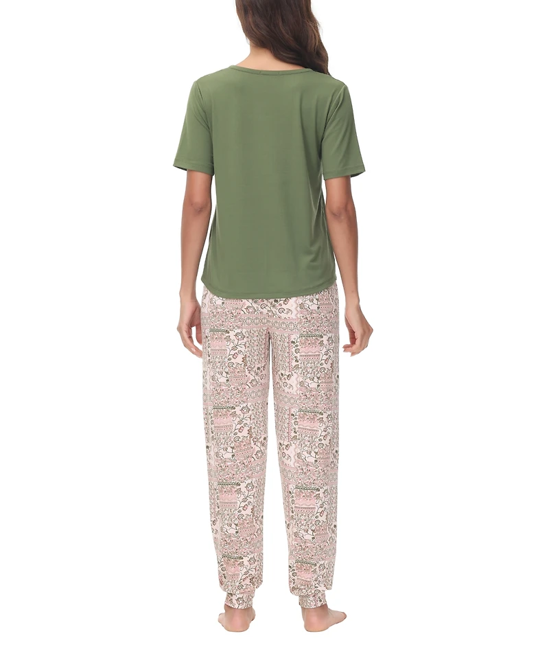 Ink+Ivy Women's 2 Piece Short Sleeve Henley Top with Jogger Pajama Set
