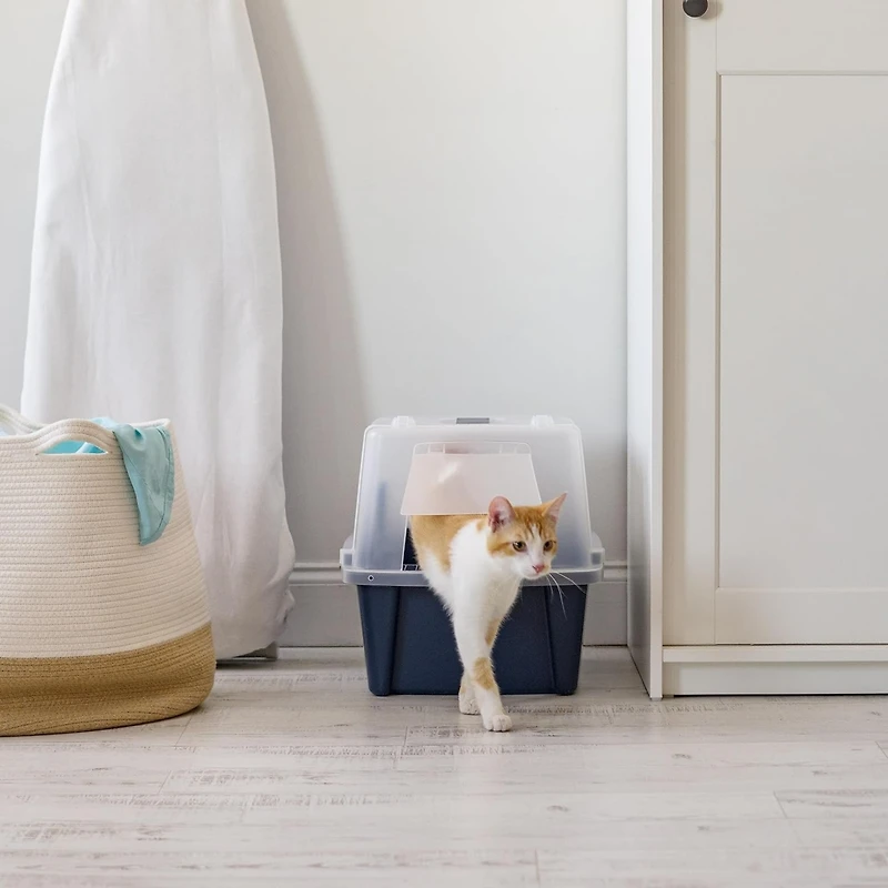Iris Large Split-Hood Cat Litter Box with Scoop and Grate, Blue