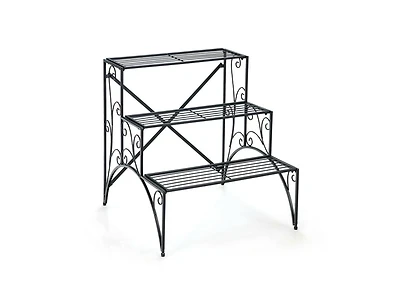 3-Tier Metal Plant Stand with Widened Grid Shelf for Porch Garden-Black