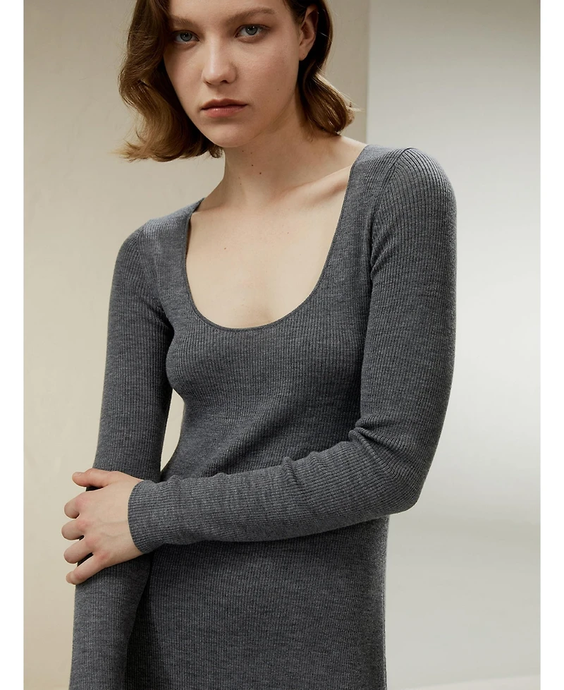 Lilysilk Women's Ribbed bodycon Merino Wool Midi-dress