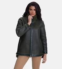 Furniq Uk Women's Fashion Jacket, Silky Green With Curly Wool