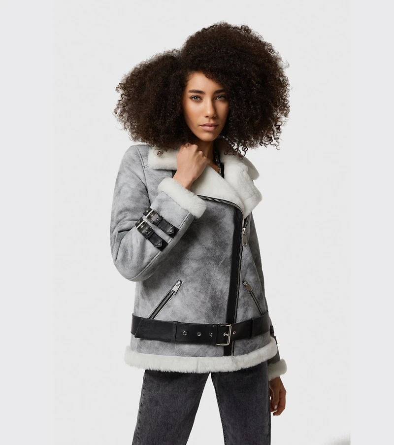 Furniq Uk Women's Shearling Belted Biker Jacket, Natural Dying Grey with White Wool