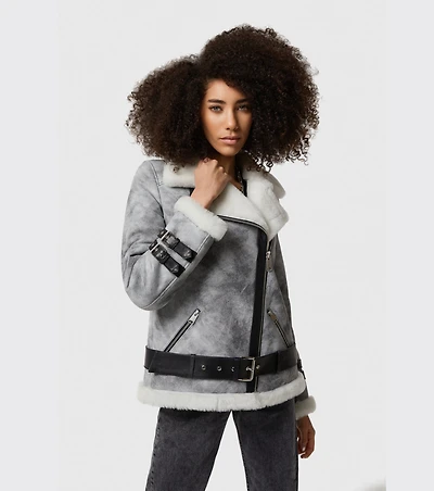 Furniq Uk Women's Shearling Belted Biker Jacket, Natural Dying Grey with White Wool