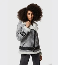 Furniq Uk Women's Shearling Belted Biker Jacket, Natural Dying Grey with White Wool