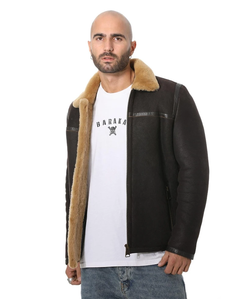 Furniq Uk Men's Leather Banded Sheepskin Casual Jacket, Washed Brown with Ginger Wool
