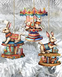 Designocracy Carousel Bunnies Christmas Wooden Ornaments Holiday Decor Set of 3 G. DeBrekht