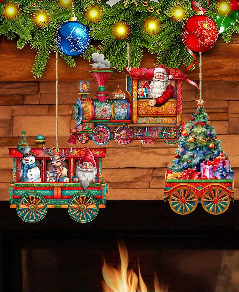 Designocracy Santa's Train Christmas Wooden Ornaments Holiday Decor Set of 3 G. DeBrekht