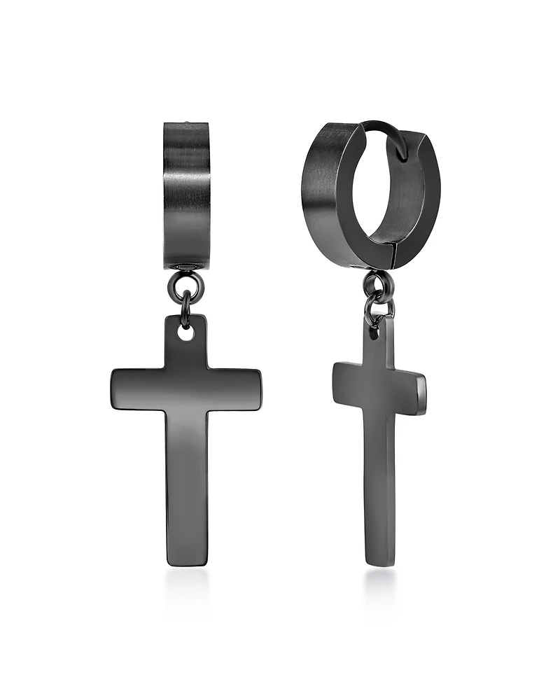 Mens Stainless Steel Cross Charm Polished Huggie Hoop Earrings