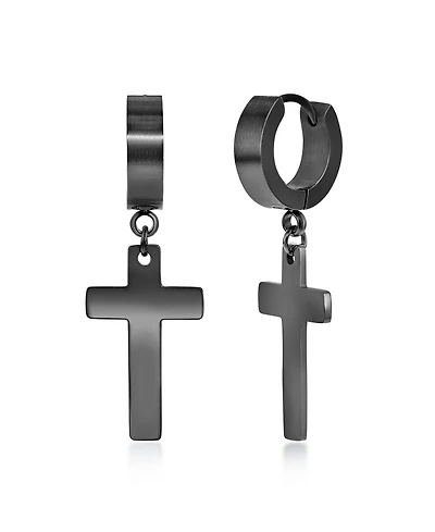Mens Stainless Steel Cross Charm Polished Huggie Hoop Earrings