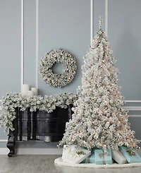 Seasonal Flocked Winter Fir 7.5' Pre-Lit Flocked Hard Needle Tree with Metal Stand 735 Tips, 300 Warm Led Remote, Ez-Connect, Storage Bag