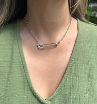 Rhodium Cubic Zirconia Encrusted Safety Pin Chain Necklace