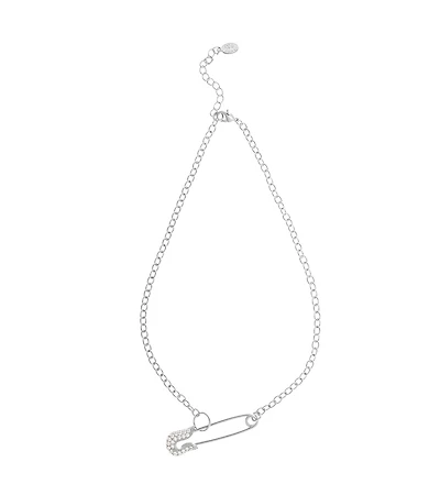 Rhodium Cubic Zirconia Encrusted Safety Pin Chain Necklace