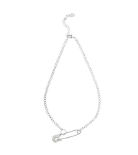 Rhodium Cubic Zirconia Encrusted Safety Pin Chain Necklace