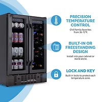 Newair 24" Wine and Beverage Refrigerator and Cooler, 18 Bottle and 60 Can Capacity, Built-in Dual Zone Fridge in Black Stainless Steel with Fren