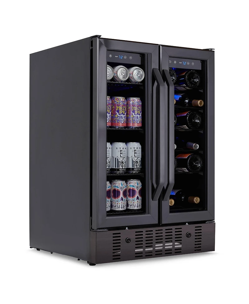 Newair 24" Wine and Beverage Refrigerator and Cooler, 18 Bottle and 60 Can Capacity, Built-in Dual Zone Fridge in Black Stainless Steel with Fren