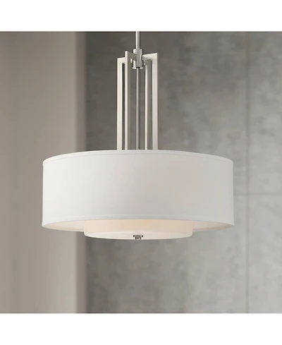 Adriana Brushed Nickel Finish Pendant Light 24" Wide Modern Glass Off White Linen Drum Shade 4-Light Fixture for Dining Room House Bedroom Kitche