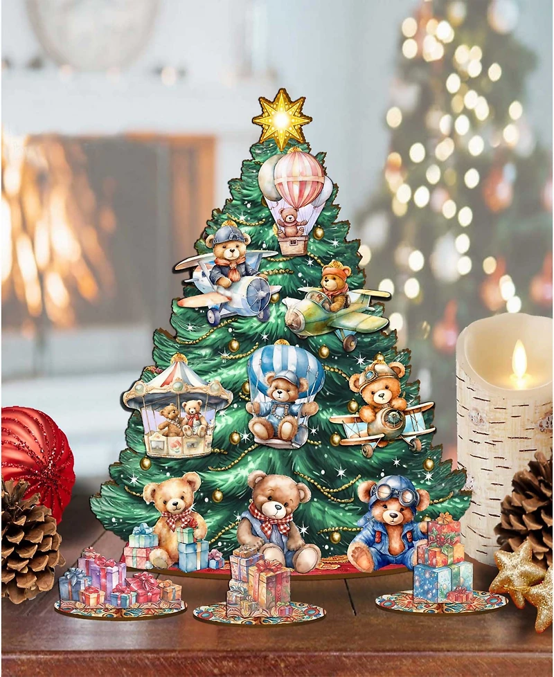 Designocracy Teddy Bears Themed Wooden Christmas Tree with Ornaments Set of 13 G. DeBrekht