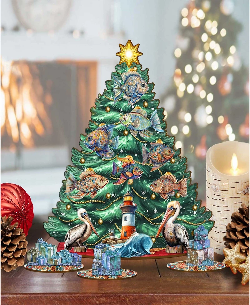 Designocracy Coastal Themed Wooden Christmas Tree with Ornaments Set of 13 G. DeBrekht