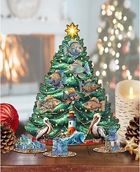 Designocracy Coastal Themed Wooden Christmas Tree with Ornaments Set of 13 G. DeBrekht