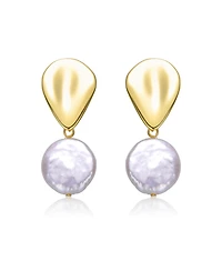 Sterling Silver 14k Yellow Gold Plated with White Coin Freshwater Pearl Raindrop Double Dangle Drop Earrings