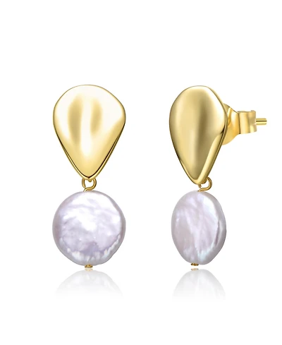 Sterling Silver 14k Yellow Gold Plated with White Coin Freshwater Pearl Raindrop Double Dangle Drop Earrings