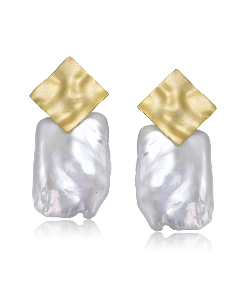 Sterling Silver 14K Gold Plated with Genuine Freshwater Pearl Drop Square Earrings