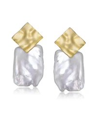 Sterling Silver 14K Gold Plated with Genuine Freshwater Pearl Drop Square Earrings