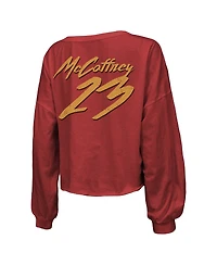 Women's Majestic Threads Christian McCaffrey Scarlet San Francisco 49ers Name and Number Off-Shoulder Script Cropped Long Sleeve V-Neck T-shirt