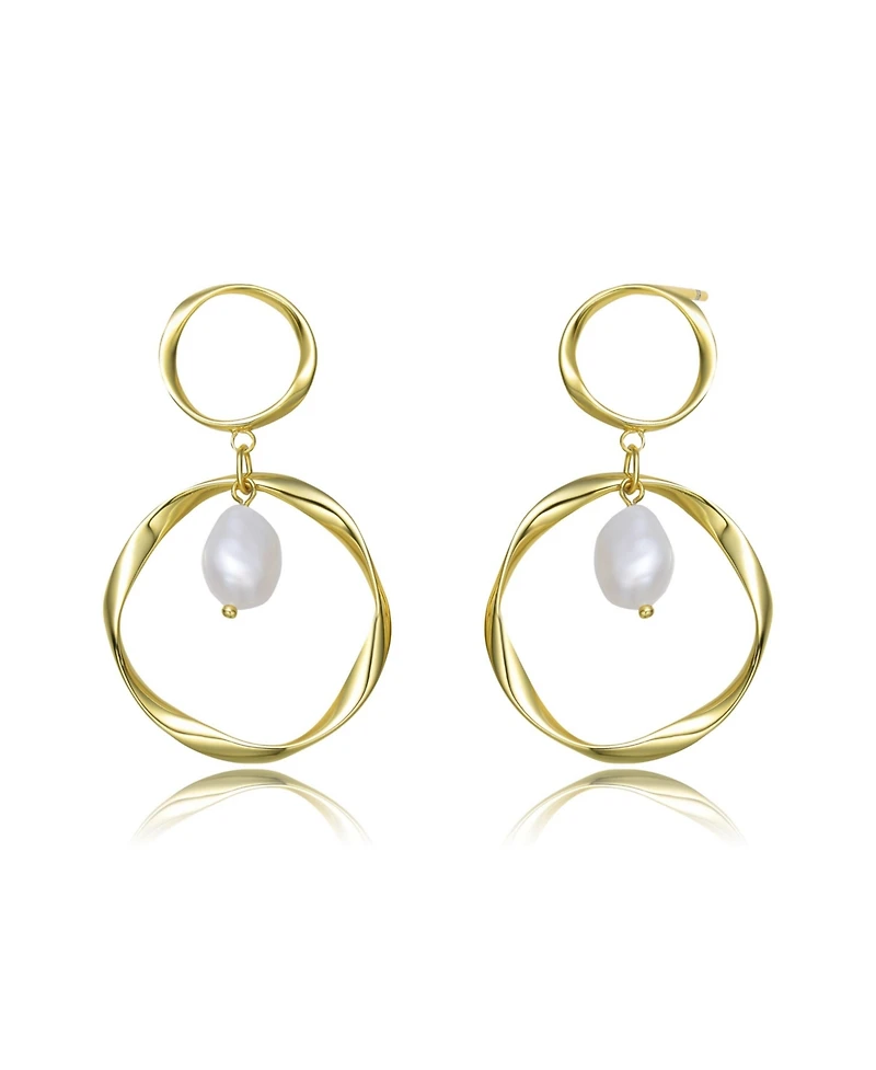 Classy Sterling Silver 14K Gold Plating and Genuine Freshwater Pearl DanglingEarrings